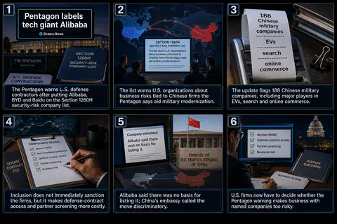 Drawn.News visual brief: Pentagon labels tech giant Alibaba and car maker BYD as aiding Chinese military