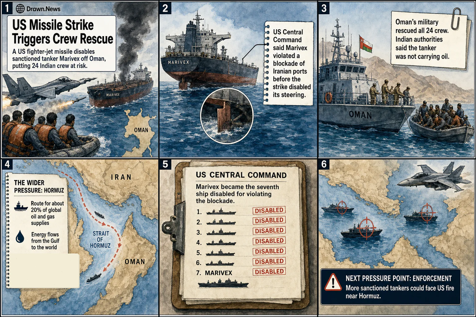 Drawn.News visual brief: US Missile Strike Triggers Crew Rescue