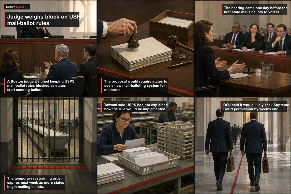 Drawn.News visual u.s. & politics: Judge weighs block on USPS mail-ballot rules