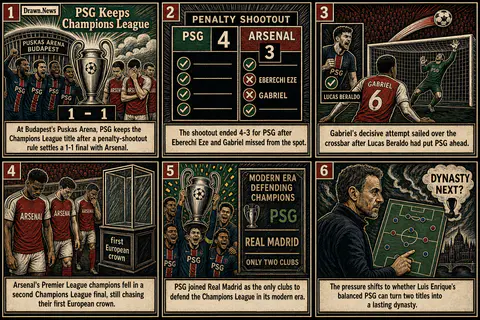 Drawn.News visual brief: PSG wins back-to-back Champions League titles after shootout victory against Arsenal