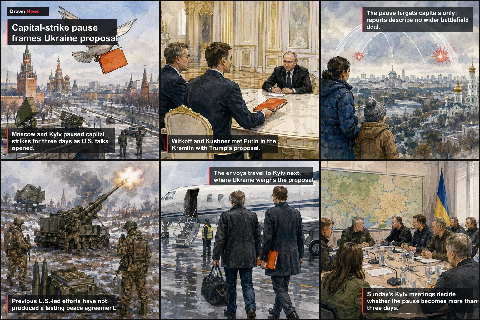 Drawn.News visual brief: U.S. envoys carry Ukraine war proposal during capital-strike pause