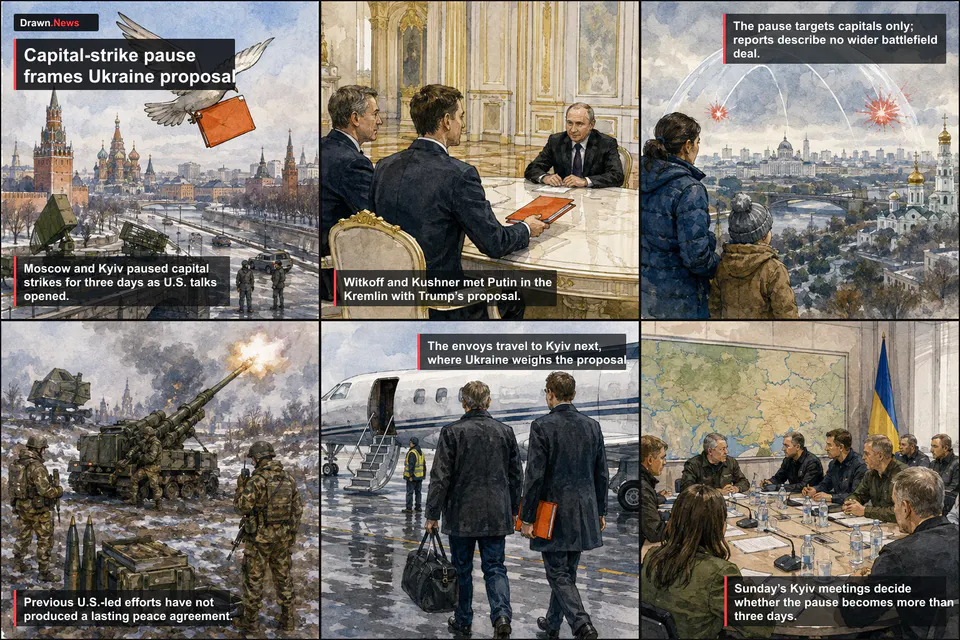 Drawn.News visual world: Capital-strike pause frames Ukraine proposal