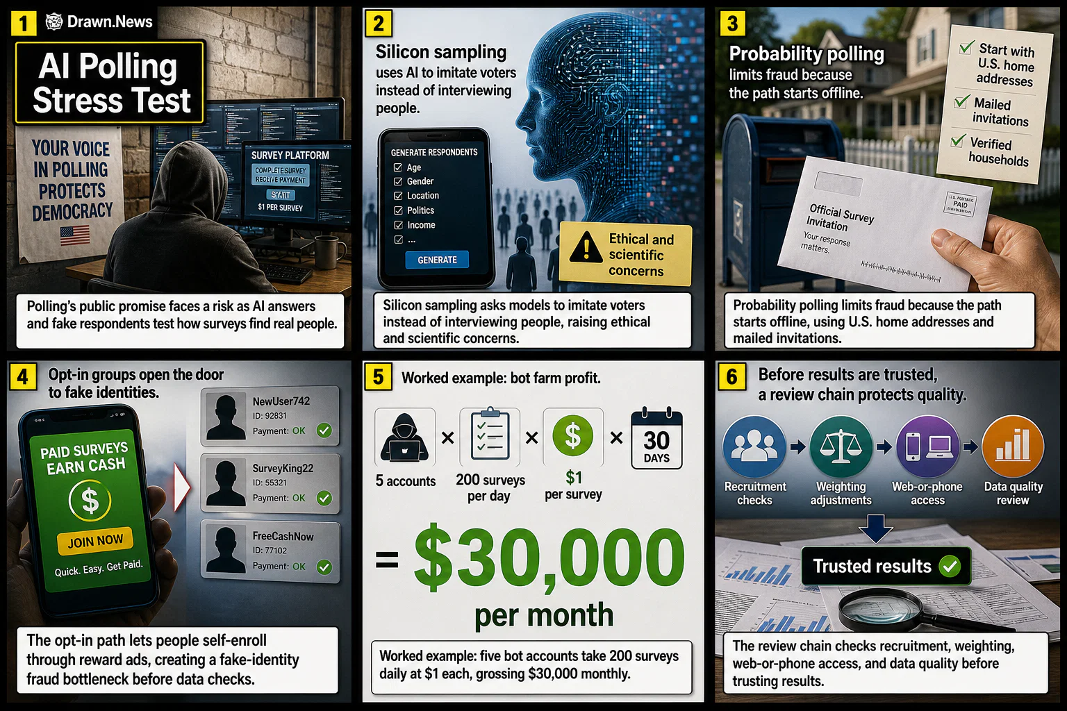 Drawn.News visual brief: Q&A: Do AI and Bogus Respondents Threaten Polling’s Future