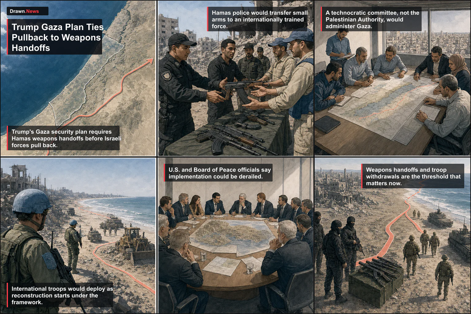 Drawn.News visual brief: Trump Gaza Plan Ties Pullback to Weapons Handoffs