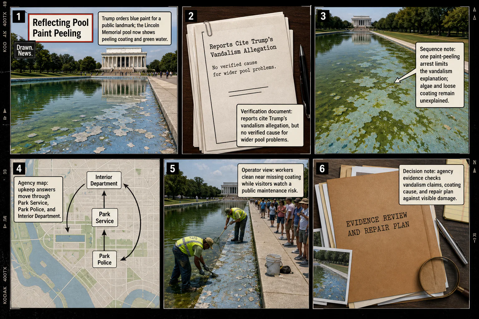 Drawn.News visual brief: Reflecting Pool Paint Peeling, Explained