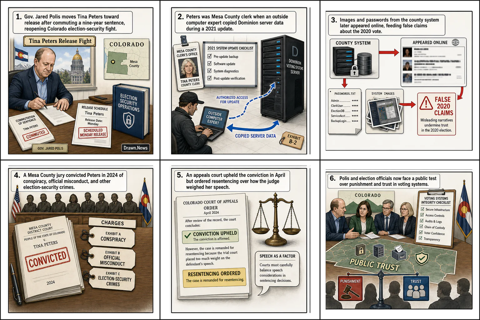 Drawn.News visual brief: Release of Tina Peters, Election Denier and Former County Clerk, Divides Colorado City