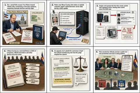 Drawn.News visual brief: Release of Tina Peters, Election Denier and Former County Clerk, Divides Colorado City