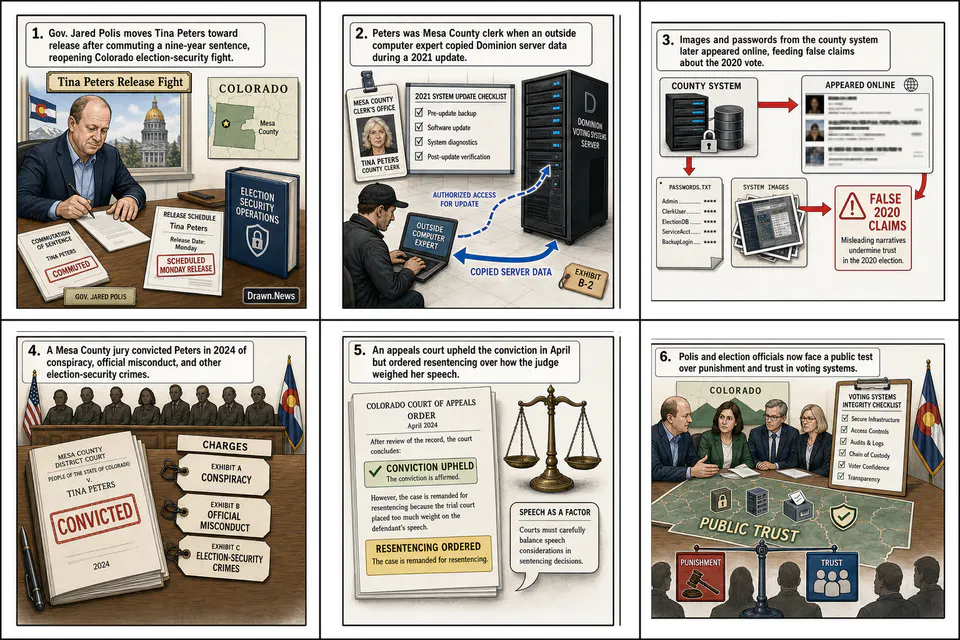 Drawn.News visual brief: Release of Tina Peters, Election Denier and Former County Clerk, Divides Colorado City
