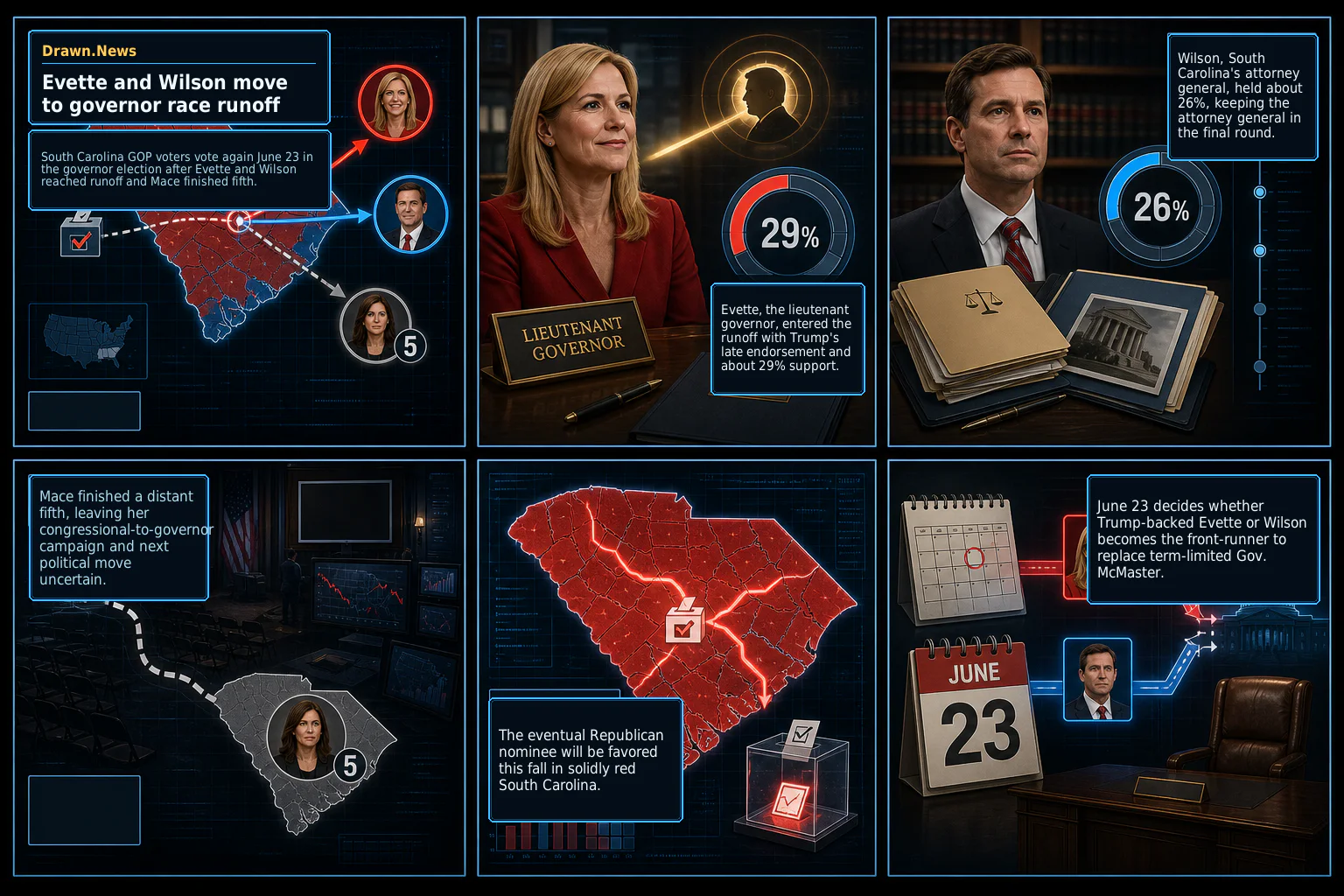 Drawn.News visual brief: Evette and Wilson move to South Carolina governor race runoff