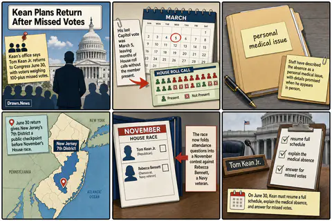 Drawn.News visual brief: Kean Plans June 30 House Return After More Than 100 Missed Votes