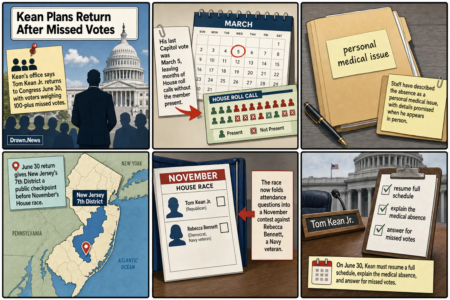 Drawn.News visual brief: Kean Plans June 30 House Return After More Than 100 Missed Votes