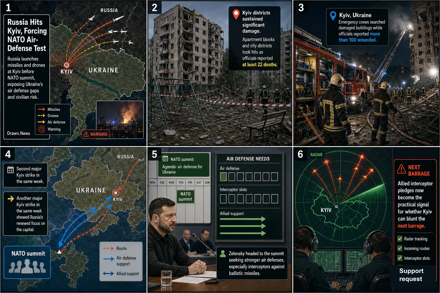 Drawn.News visual brief: Russia Hits Kyiv, Forcing NATO Air-Defense Test
