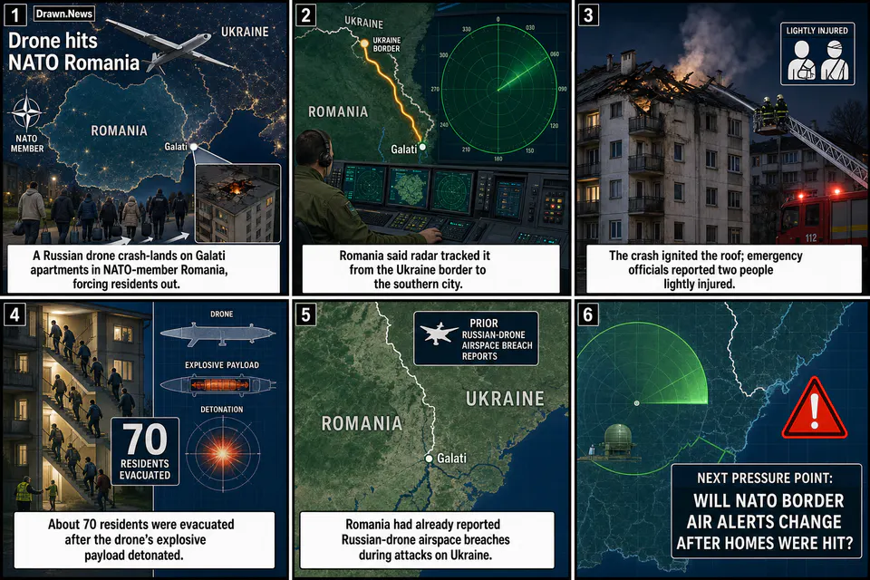 Drawn.News visual brief: Russian drone strikes Romanian apartment building, Romania says