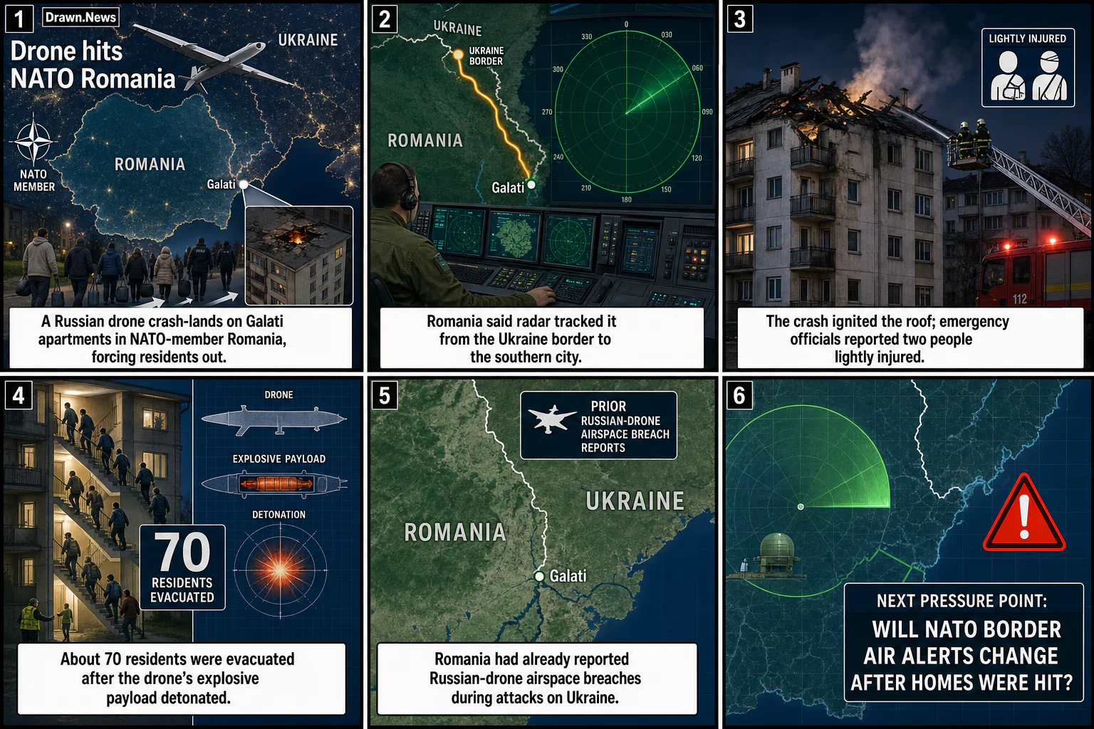 Drawn.News visual brief: Russian drone strikes Romanian apartment building, Romania says