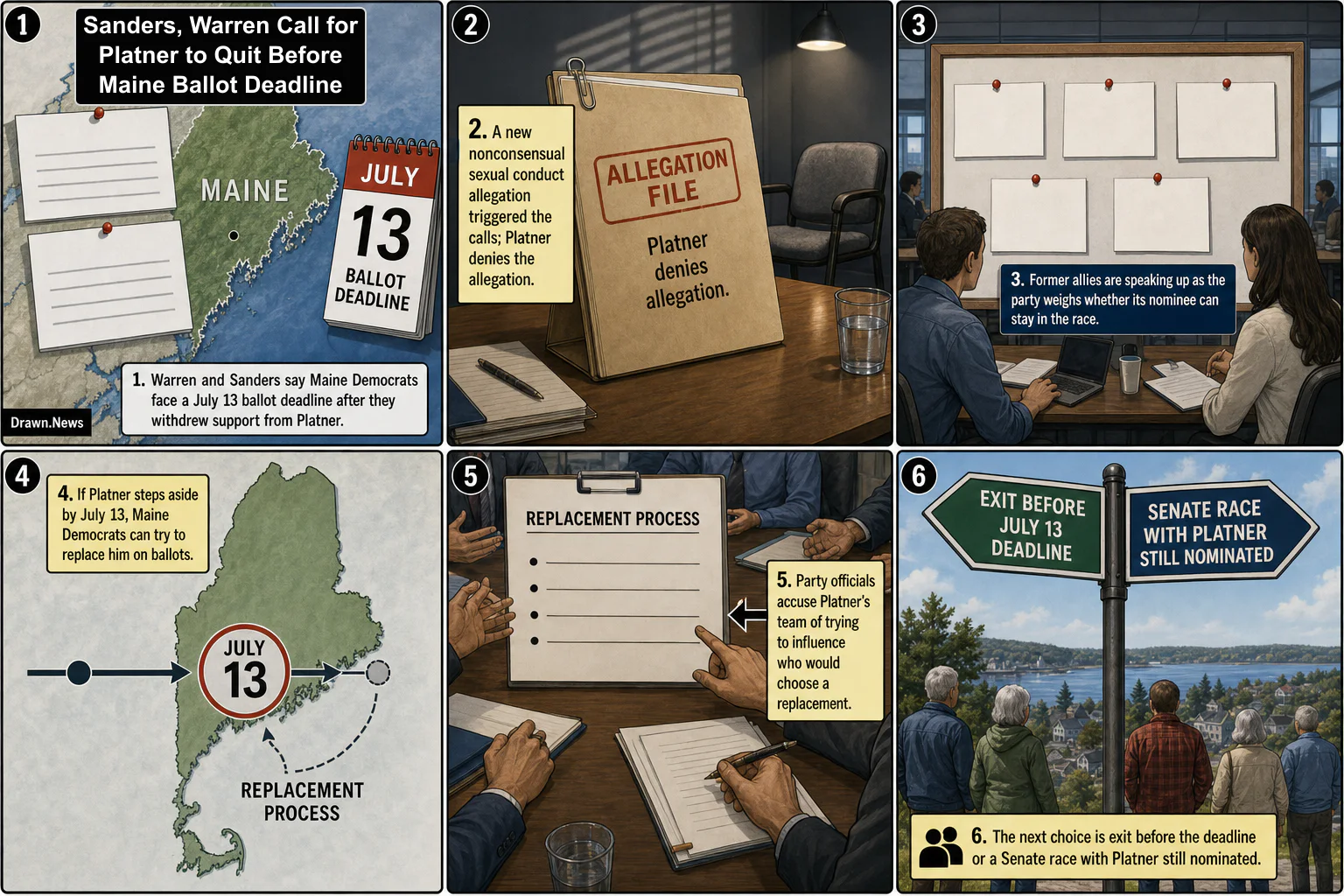 Drawn.News visual brief: Sanders, Warren Call for Platner to Quit Before Maine Ballot Deadline
