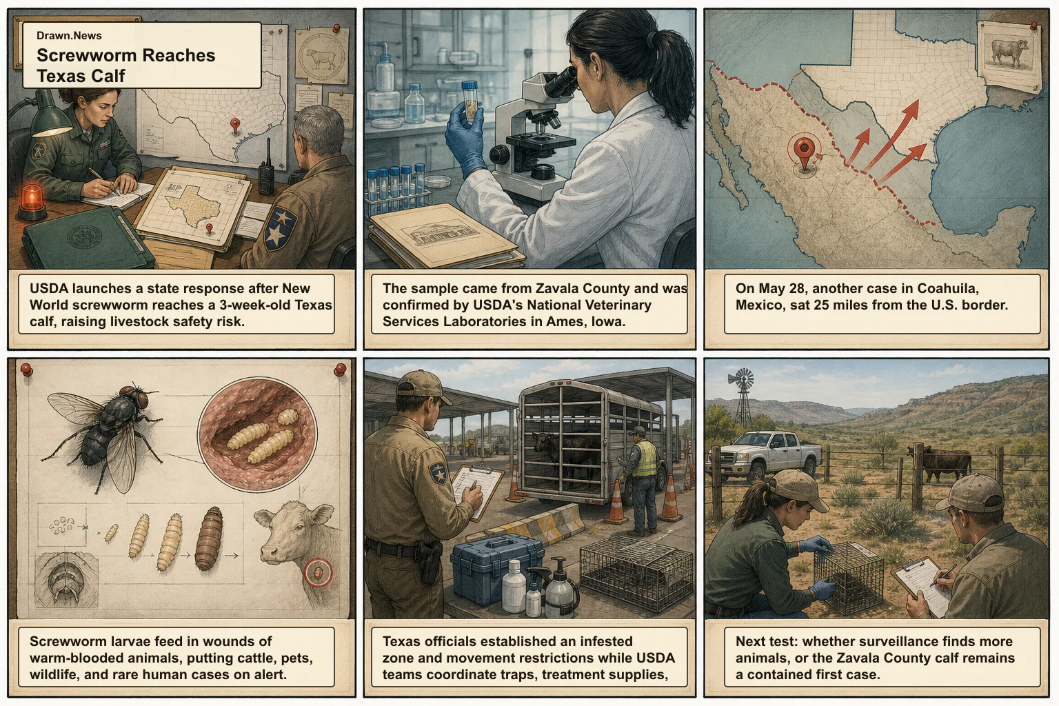Drawn.News visual brief: Screwworm Reaches Texas Calf