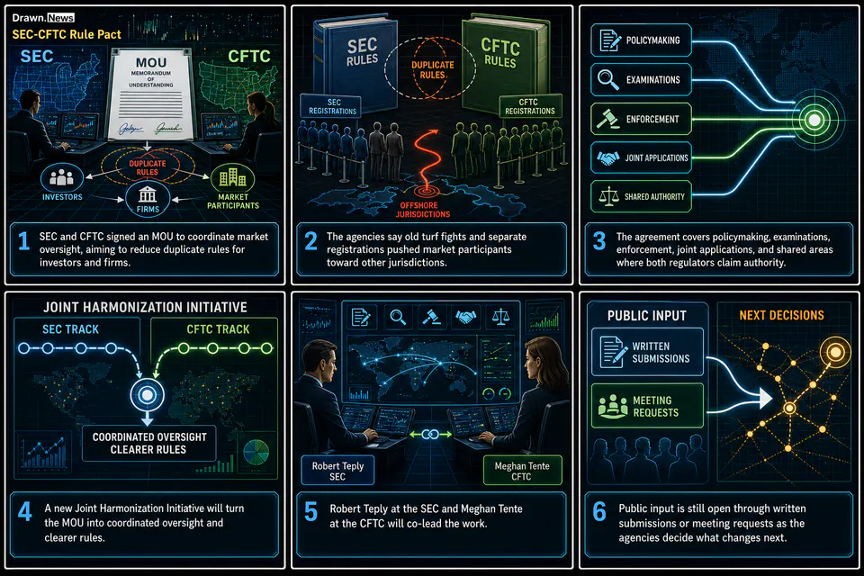 Drawn.News visual brief: SEC and CFTC Announce Historic Memorandum of Understanding Between Agencies