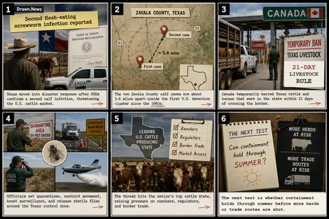 Drawn.News visual brief: Second flesh-eating screwworm infection reported in cattle in Texas
