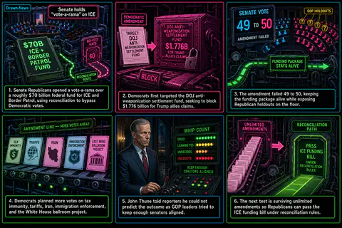 Drawn.News visual brief: Senate holds "vote-a-rama" on ICE funding, rejects move to ban DOJ fund