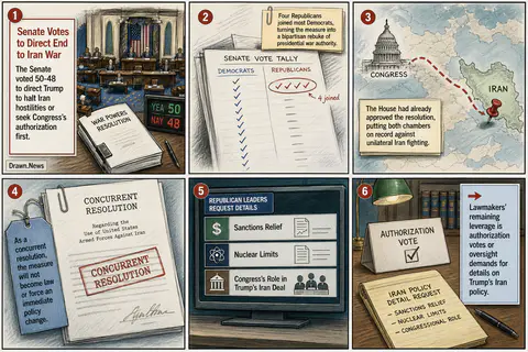 Drawn.News visual brief: Senate Votes to Direct End to Iran War, Rebuking Trump on War Powers