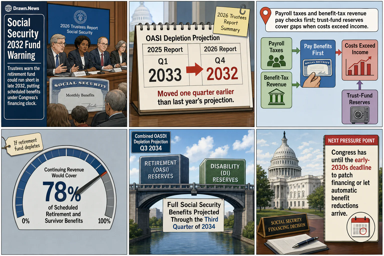 Drawn.News visual brief: Social Security trustees warn retirement fund may run short in 2032