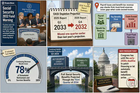 Drawn.News visual brief: Social Security trustees warn retirement fund may run short in 2032