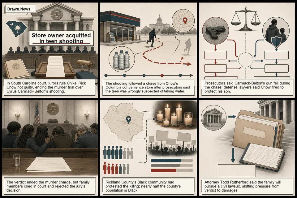 Drawn.News visual brief: South Carolina jury finds store owner not guilty of murder in killing of Black teen