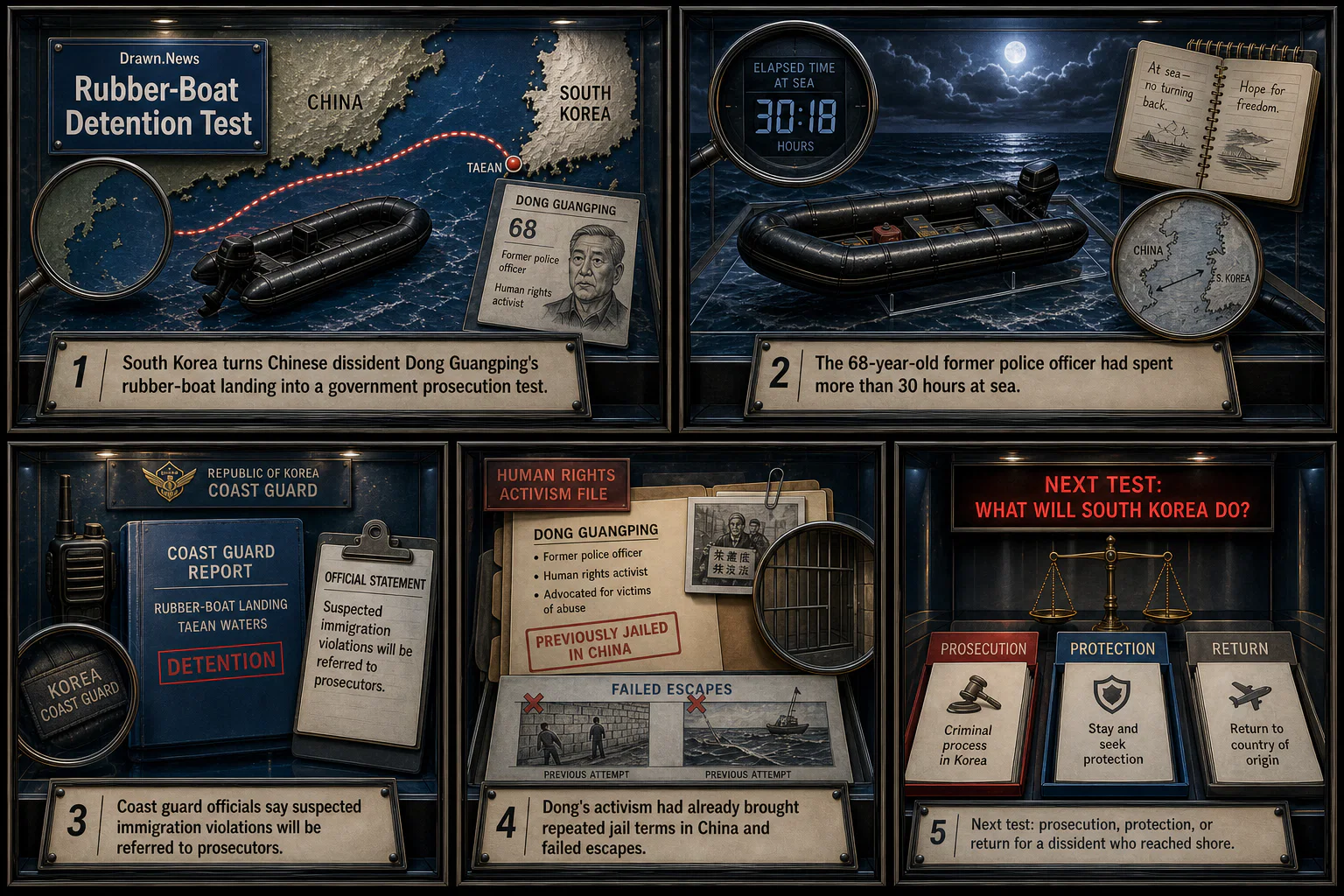 Drawn.News visual brief: South Korea detains dissident who fled China in rubber boat