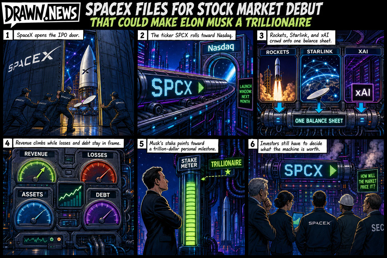 Drawn.News visual brief: SpaceX files for stock market debut that could make Elon Musk a trillionaire