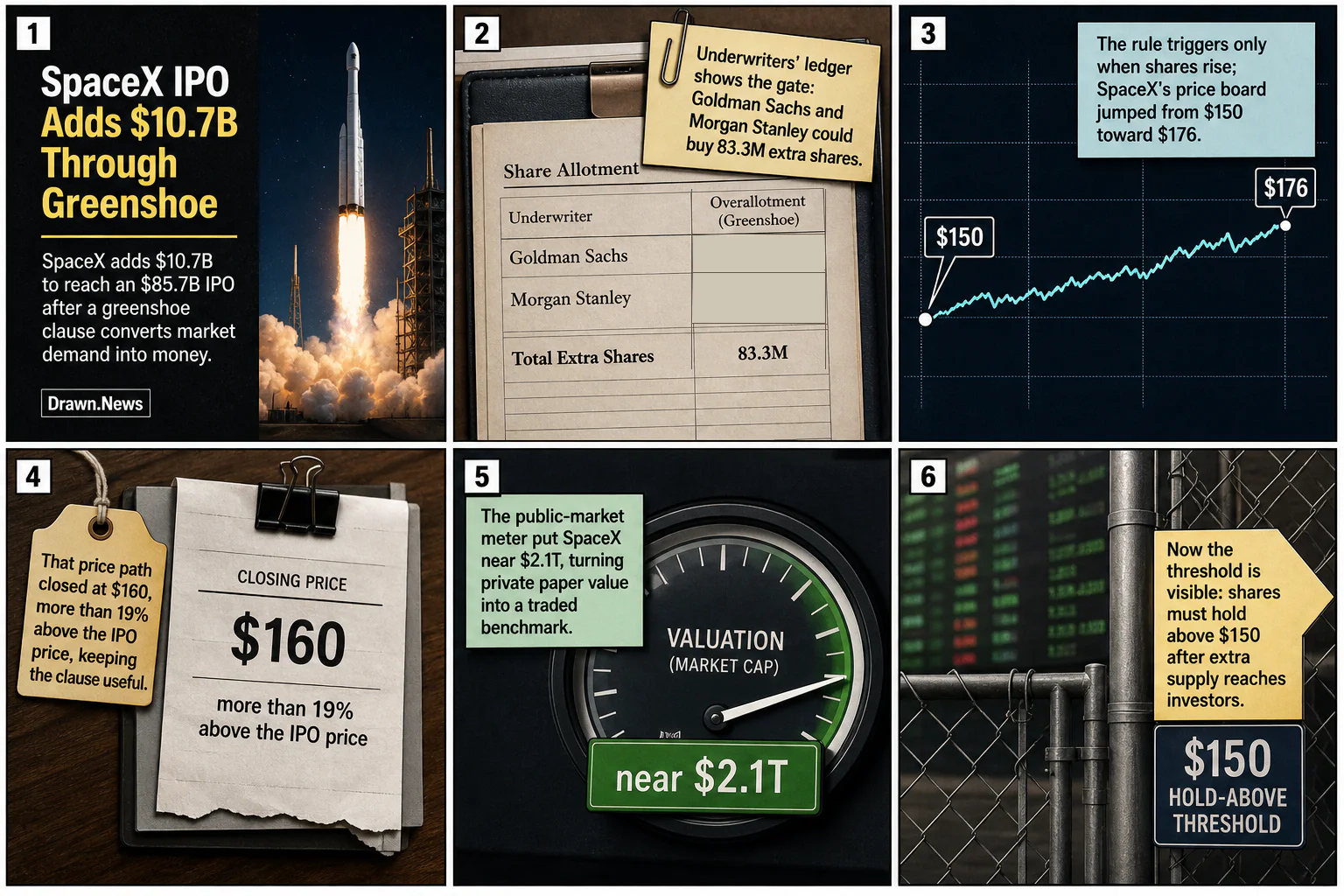 Drawn.News visual brief: SpaceX IPO Adds $10.7B Through Greenshoe Clause