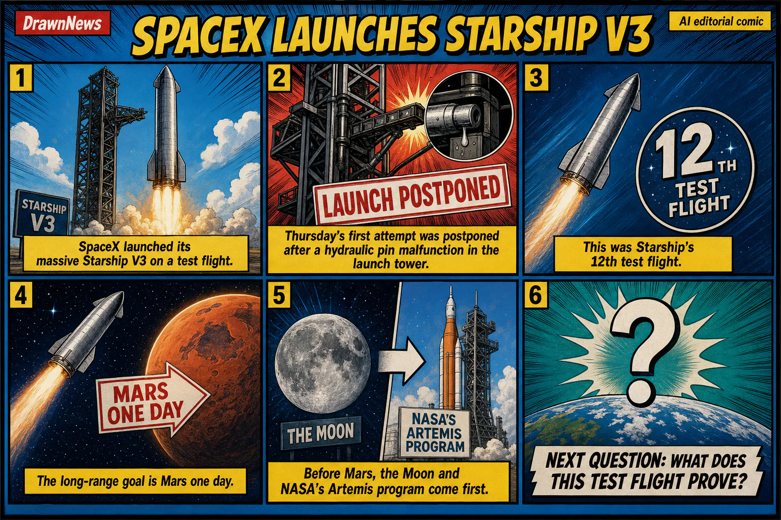 Drawn.News comic: SpaceX launches massive Starship V3 rocket on test flight