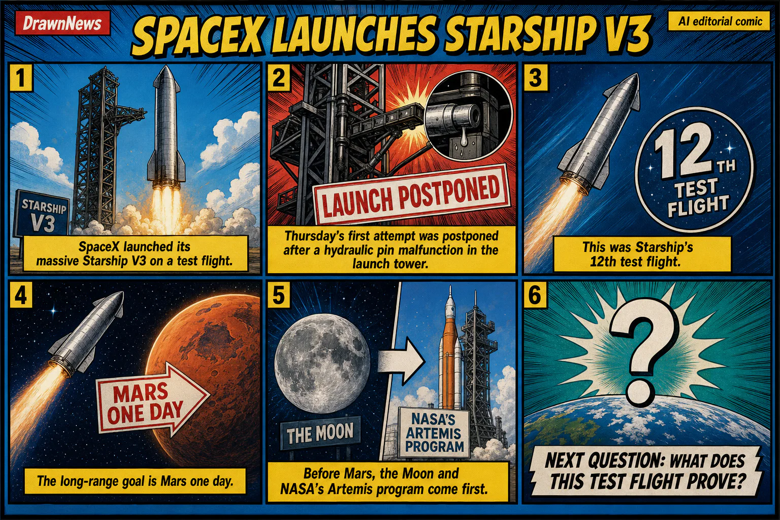 Drawn.News visual brief: SpaceX launches massive Starship V3 rocket on test flight