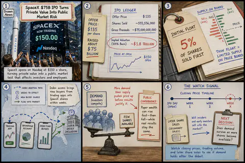 Drawn.News visual brief: SpaceX IPO Puts a $1.8 Trillion Valuation on Public Markets