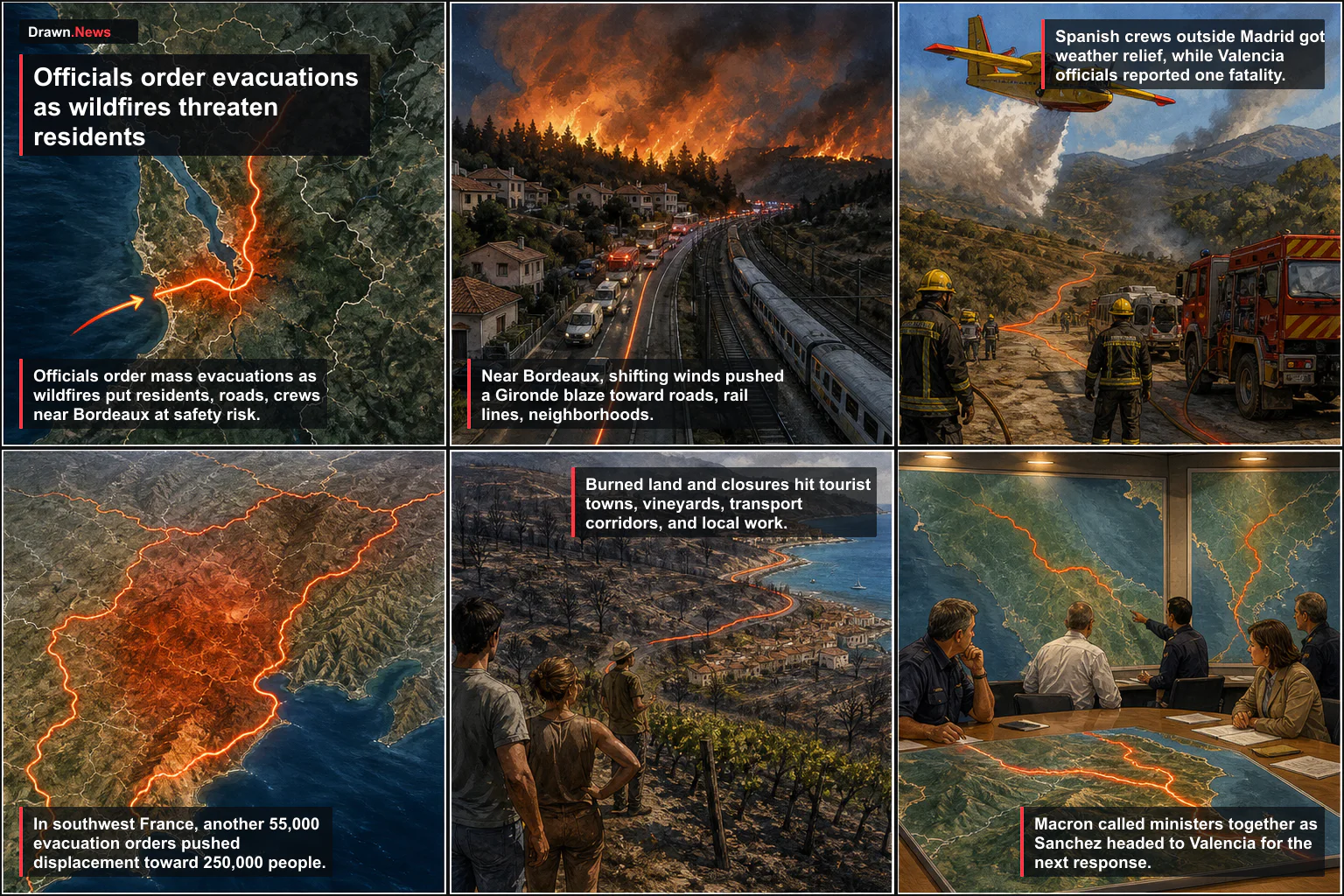 Drawn.News visual brief: Wildfires force evacuations near Bordeaux