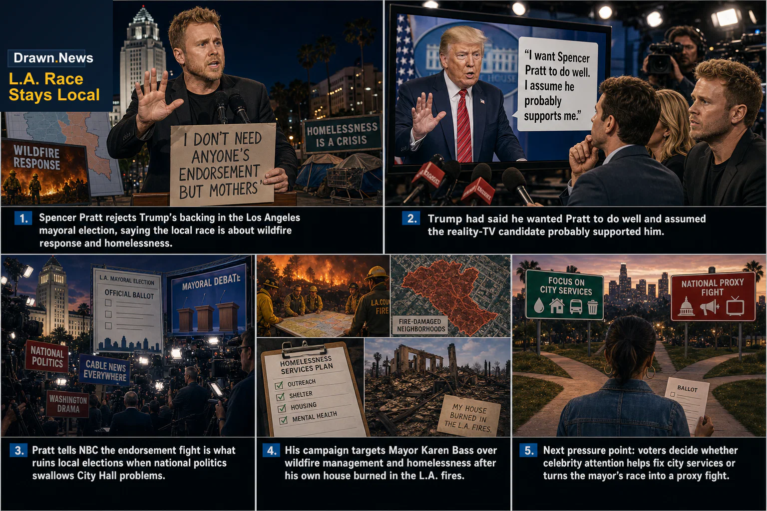 Drawn.News visual brief: Spencer Pratt says he doesn’t need ‘anyone’s endorsement’ after Trump backs L.A. mayor bid