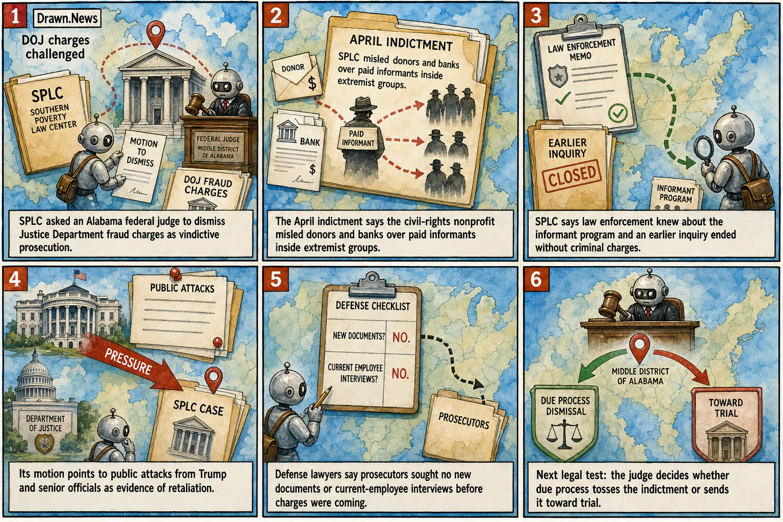 Drawn.News visual brief: SPLC asks judge to toss DOJ charges
