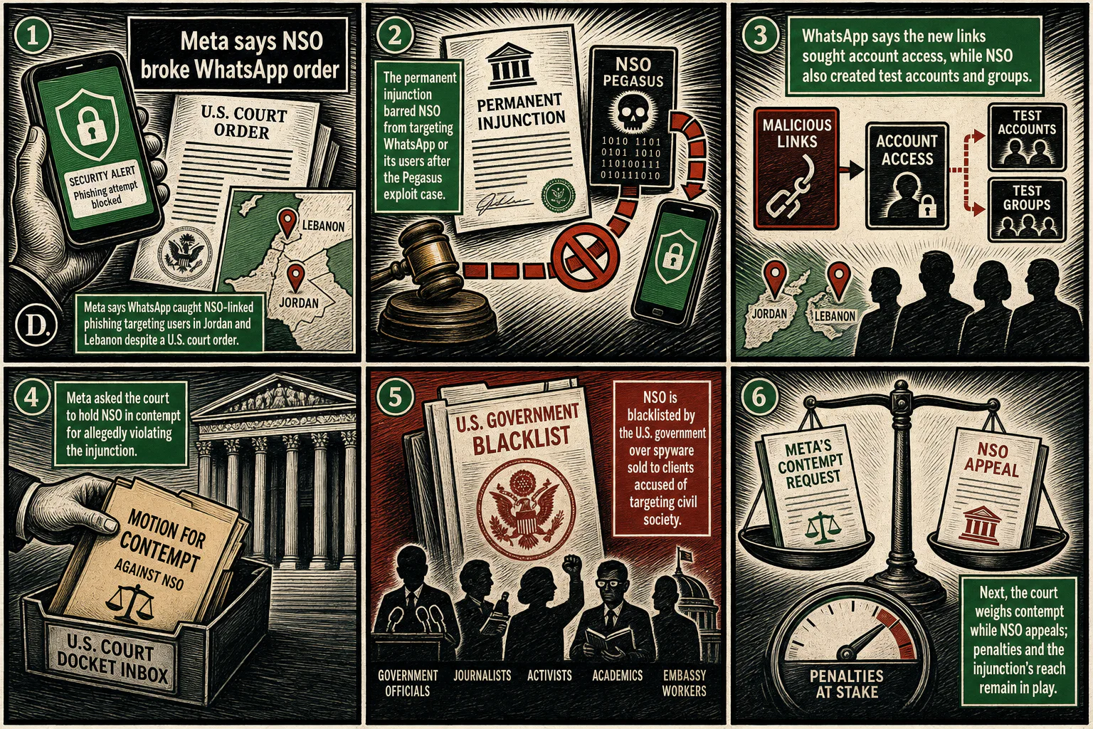 Drawn.News visual brief: Meta says NSO broke WhatsApp order