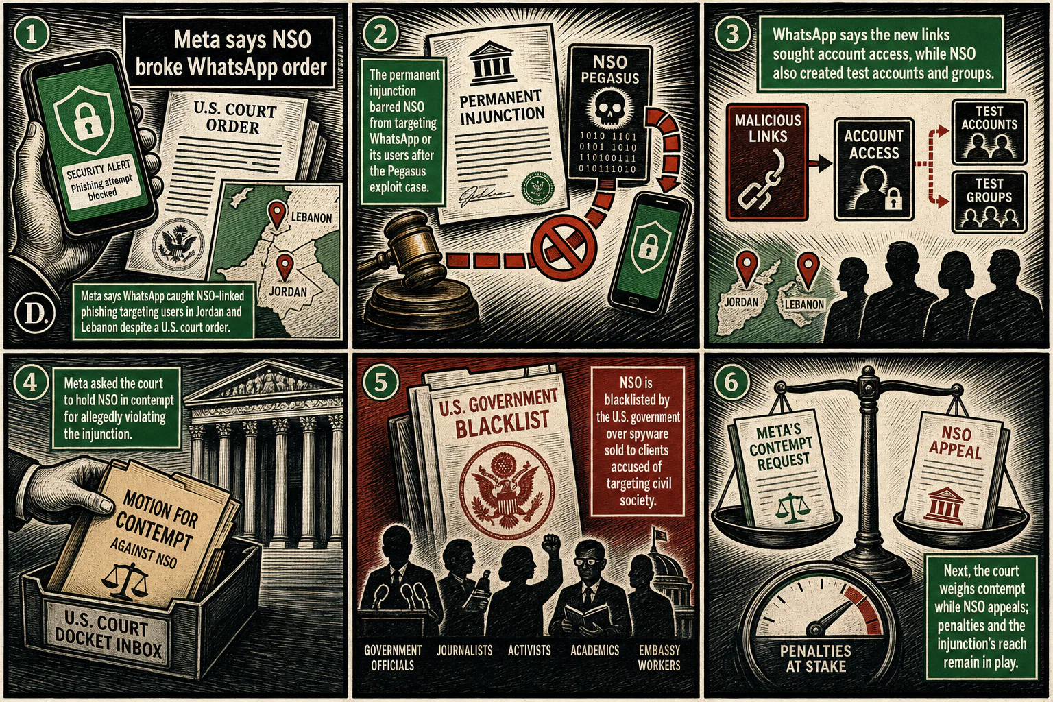 Drawn.News visual brief: Meta says NSO broke WhatsApp order
