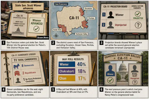 Drawn.News visual brief: State Sen. Scott Wiener advances to general election in race to succeed Pelosi in Congress, CBS News projects