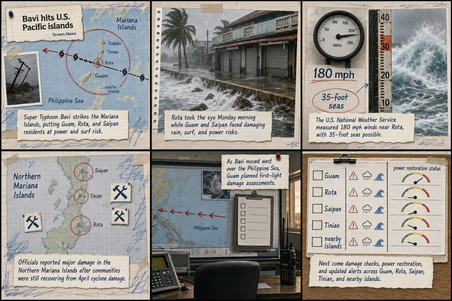 Drawn.News visual brief: Super Typhoon Bavi strikes U.S. Pacific islands with 180-mph winds