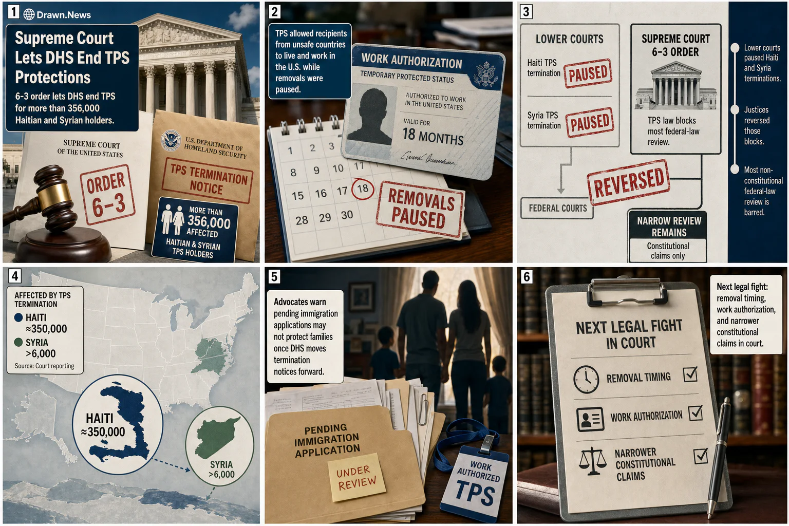 Drawn.News visual brief: Supreme Court Lets DHS End TPS Protections