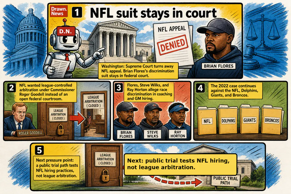 Drawn.News comic: Supreme Court rejects NFL's bid to step into coach's racial discrimination suit