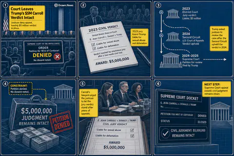 Drawn.News visual brief: Supreme Court Leaves Trump's $5M E. Jean Carroll Verdict Intact