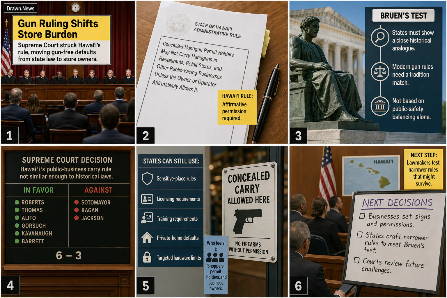 Drawn.News visual brief: Supreme Court Gun Ruling Shifts Burden to Stores