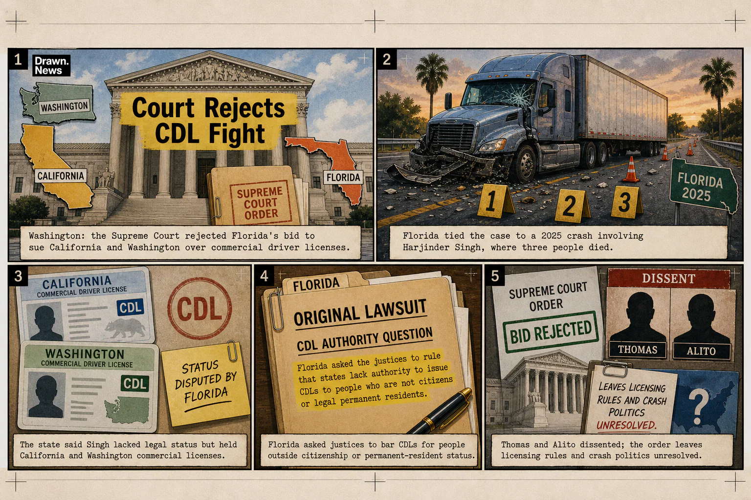 Drawn.News visual brief: Supreme Court tosses lawsuit over drivers’ licenses issued to undocumented immigrants