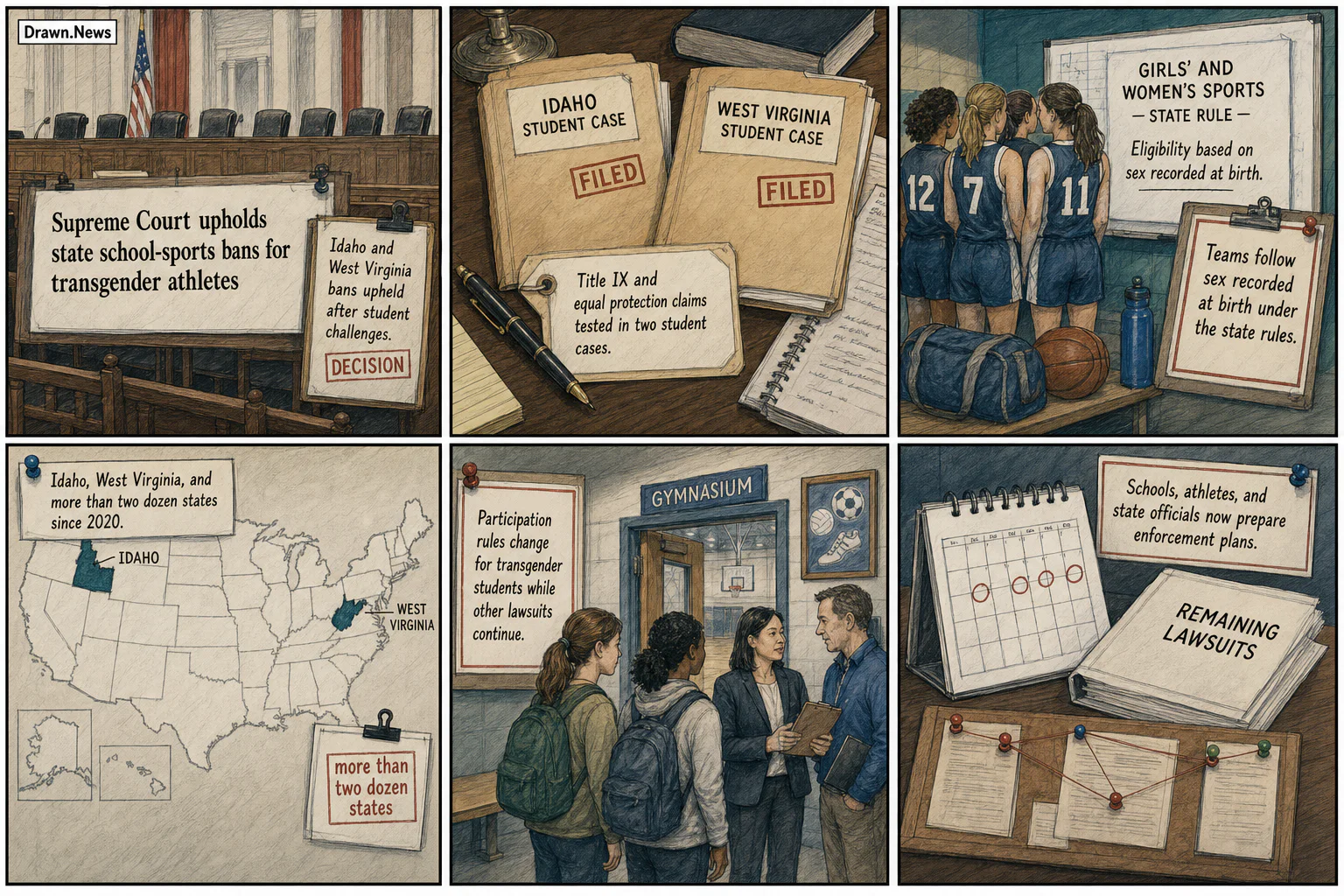 Drawn.News visual brief: Supreme Court upholds state school-sports bans for transgender athletes