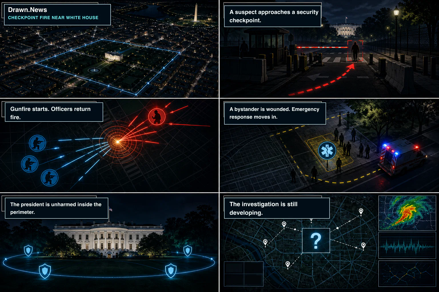 Drawn.News visual brief: Suspect killed after opening fire on Secret Service near White House