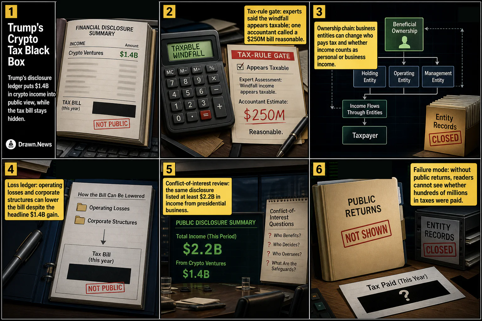 Drawn.News visual brief: Trump's Crypto Tax Black Box, Explained