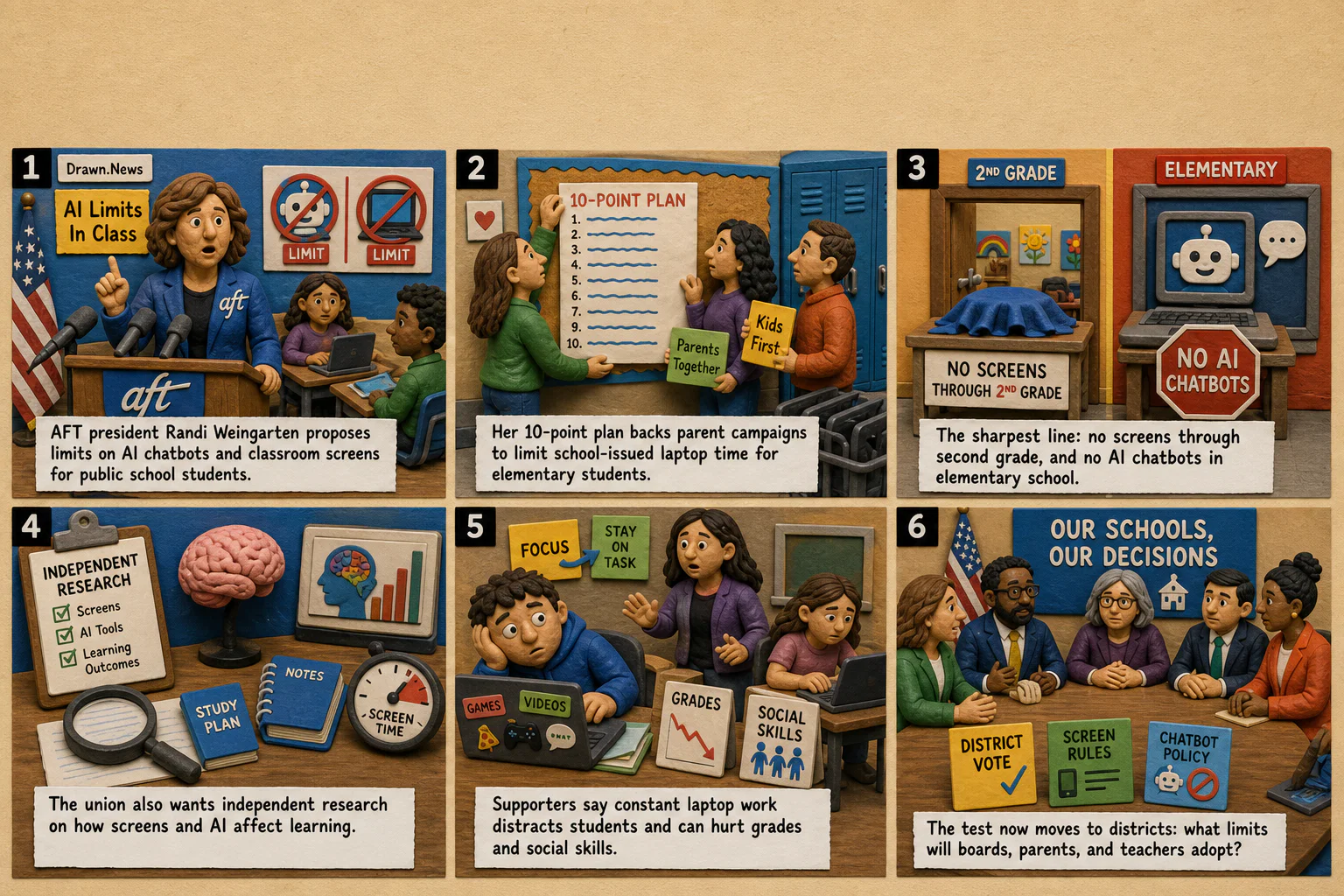 Drawn.News visual brief: Teachers union president calls for AI and other technology limits in schools