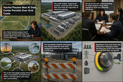 Drawn.News visual brief: Hochul Pauses New AI Data Center Permits Over Grid Costs